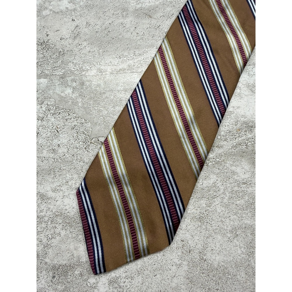 IKE BEHAR 100% Silk Tie Mens One Size Brown Striped Woven Pointed Necktie